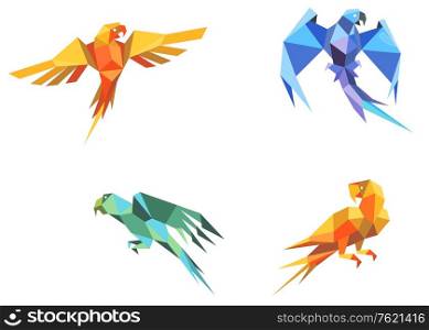 Set of parrots birds in origami paper style