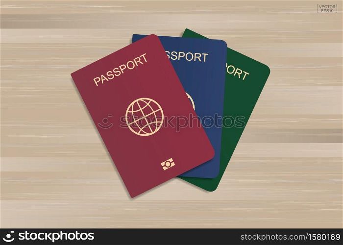 Set of passport on wood background. Vector illustration.
