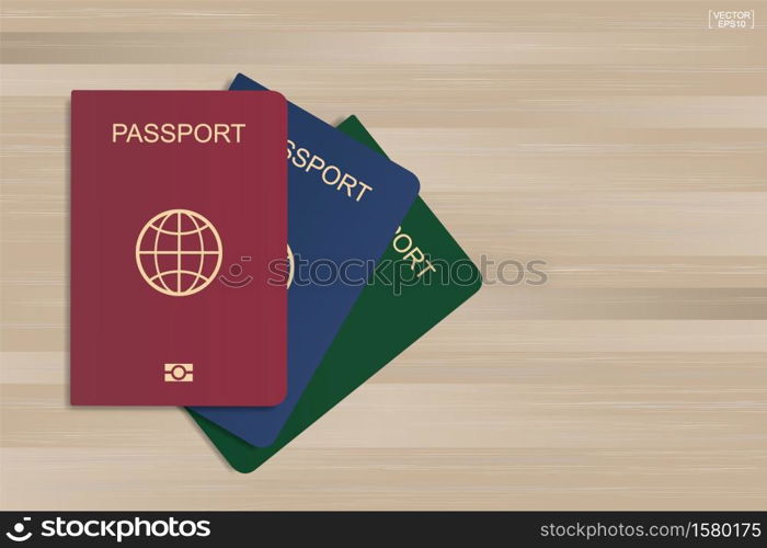 Set of passport on wood background. Vector illustration.