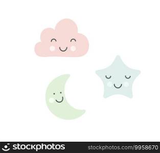 Set of pastel green moon, blue sleepy star and pink cloud for baby room decoration. Childish style colors. Perfect for fabric print logo sign cards banners. Vector kids wall art design.. Set of pastel green moon, blue sleepy star and pink cloud for baby room decoration. Childish style colors. Perfect for fabric print logo sign cards banners. Vector kids wall art design