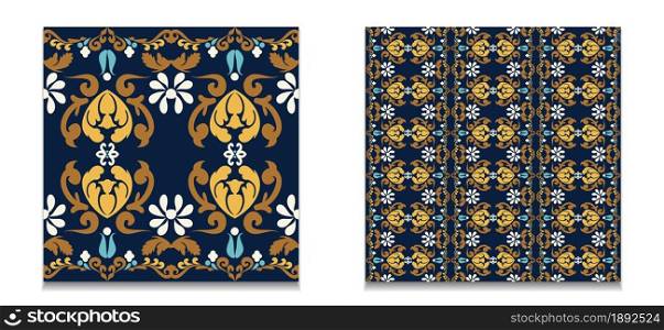 Set of patterns of seamless vintage ornaments. Vector background, floral patterns . Blue, yellow color. For fabric, tile, wallpaper or packaging. Vector graphics.