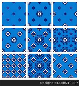 Set of patterns textile design collection for fabric and carpet. Classic geometric ornaments. Seamless pattern set of nine blue fabric collection