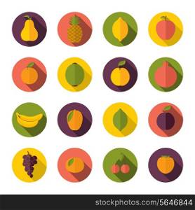 Set of pear apple plum grape fruits icons on circles in flat style vector illustration