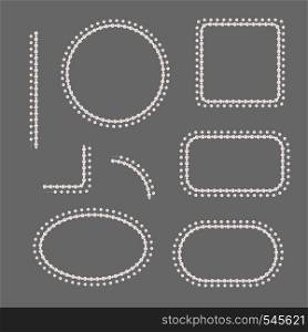 Set of pearl frames isolated on gray background. Vector elements for wedding decoration, banners, cards, invitation. Elegant cream pearls borders and corners.. Set of pearl frames isolated on gray background. Vector borders and corners. Cream pearls.