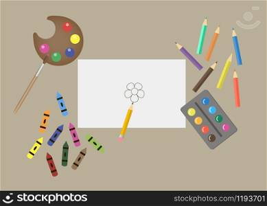Set of pencils and paints for drawing vector. Set of pencils and paints for drawing