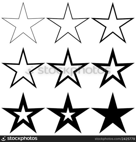 Set of pentagonal stars with different stroke thickness, vector logo icon thin and thick star, symbol of radiance, new birth and light
