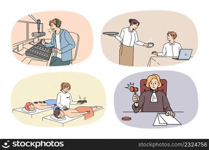 Set of people and occupations or jobs. Collection of men and women professions and careers. Host or producer, waitress, masseuse and juror or attorney. Flat vector illustration.. Set of people and occupations