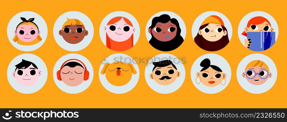 Set of people and pets avatars isolated round icons. Diverse male and female characters with different appearance and ethnicity. Men, women, girls, boys, dog portraits, Line art vector illustration. Set of people or pets avatars isolated round icons