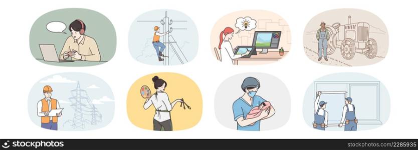 Set of people and their jobs and professions. Collection of diverse man and woman employees with professions. Electrician, graphic designer and engineer. Vector illustration. . Bundle of people and occupations