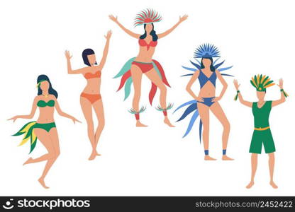 Set of people celebrating national Brazil holiday. Flat cartoon characters dancing in feather costumes. Vector illustration for promo, advertisement, cultural project. Set of people celebrating national Brazil holiday