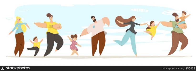 Set of People Characters Adults and Kids Stand in Row. Men, Women and Children Holding Hands and Dancing in Different Positions Outdoors. Summer Time Leisure and Fun. Cartoon Flat Vector Illustration. Set of People Characters Adults Kids Stand in Row