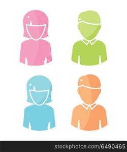 Set of People Characters Color Pictograms. . Set of people characters avatar vectors in flat design. Female and male color icons. Illustrations for identity in Internet, concepts, app pictograms, infographic. Isolated on white background.