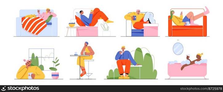 Set of people drink and relax at home, bar and outdoors. Lazy male and female characters lying on coach, bath tub sitting at table and street bench with coffee or tea, Linear flat vector illustration. Set of people drink and relax at home, bar, street
