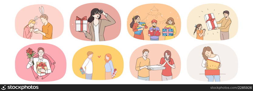 Set of people feel excited with presents and giftboxes. Collection of men and women receive gifts for birthday or special occasion. Greeting and celebration. Flat vector illustration. . Set of people receive gifts on special occasion