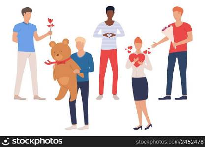 Set of people going to date. Young men and women holding heart, flowers, teddy bear. People concept. Vector illustration can be used for topics like dating, love, romance. Set of people going to date
