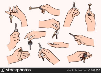 Set of people hands holding keys to new apartment or car. Collection of person owners celebrate possession. Concept of ownership. Rental and realty. Vector illustration.. Set of people holding keys to home or cars