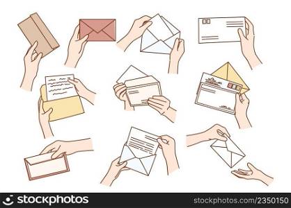 Set of people hands with envelopes send mail to friend. Collection of person with post letters communicate via air postal services. Communication and correspondence concept. Vector illustration. . Set of person hold post envelopes with letters