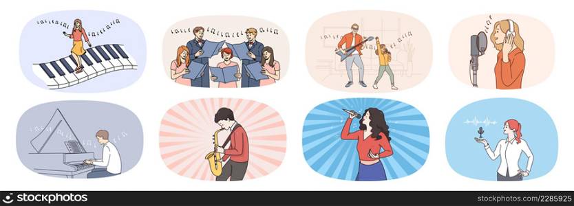 Set of people have fun singing and playing musical instruments. Collection of men and women enjoy music leisure activity. Hobby and entertainment. Musician and artist. Vector illustration. . Bundle of people enjoy musical hobbies