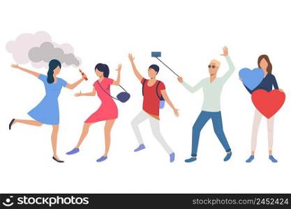 Set of people having fun in party. Young men and women dancing, holding cracker and heart, taking selfie. Holiday concept. Vector illustration can be used for topics like party, celebration, fun. Set of people having fun in party