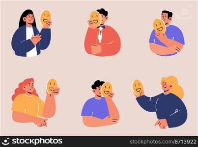 Set of people hiding faces behind of social masks with fake positive emotions. impostor syndrome, hypocrisy. Sad men and women disguising real feelings and identity, Line art flat vector illustration. Set of people hiding faces behind of social masks