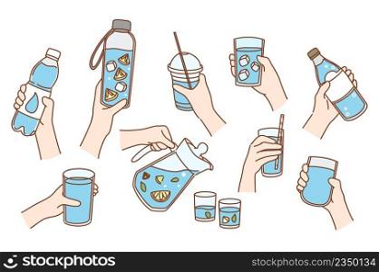 Set of people hold glasses and bottles with lemon and ice. Collection of person feel thirsty dehydrated enjoy cold clear pure water. Hydration and healthy lifestyle. Vector illustration. . Set of people drink water with lemon and ice
