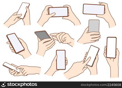 Set of people hold smartphone gadget with mockup screen use internet or social media. Collection of person user with cellphone browse surf modern device. Technology. Vector illustration.. Set of people hold cellphone device