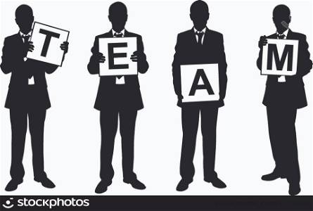 Set of people holding team sign isolated on white