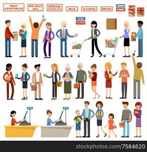 Set of people in a supermarket on a white background. Shopping, products, purchases. Vector illustration