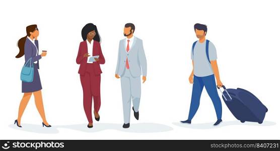 Set of people in airport. Passenger wheeling suitcase, businesspeople using gadgets. Flat vector illustrations. Communication, travel concept for banner, website design or landing web page