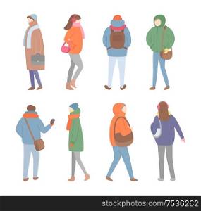 Set of people in jacket with scarf and hat holding bag in warm trousers and boots. Full length of people with back and side view isolated on white vector. Set of people in Warm Clothes, Full Length Vector