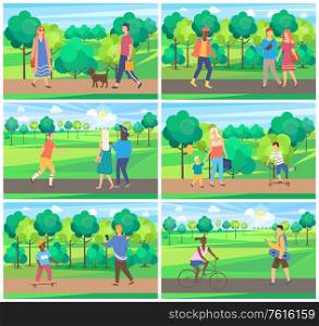 Set of people in park, nature view, man and woman walking outdoor, children activity on bicycle, scooter or skateboard, family weekend, wood vector, weekend in green park. People Leisure in Park between Trees, Park Vector