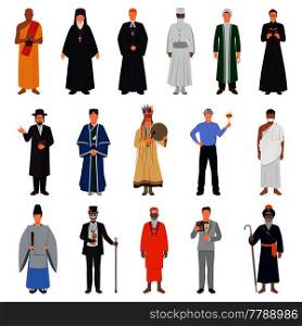Set of people in traditional costume from world religions including islam, catholicism, orthodoxy, buddhism isolated vector illustration . People World Religions Set