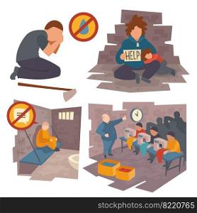 Set of people in trouble, kneel man crying of water lack, prisoner sitting on bed in jail communication ban, poor father with child beg, workers on sewing factory, Cartoon flat vector illustration. People in trouble, cartoon flat vector icons set