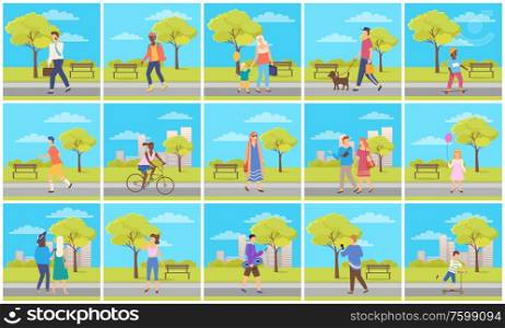 Set of people in urban park, man and woman going near beach and trees, activity of adult or kids with bicycle, skateboard or scooter, leisure vector. Person in Urban Park, Walking Man and Woman Vector