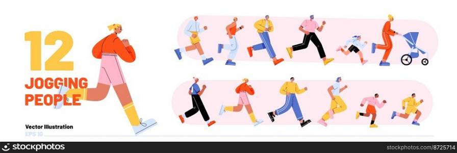 Set of people jogging, adults and children run marathon, sports exercising or competition Male and female characters, mother with baby in stroller healthy lifestyle, Line art flat vector Illustration. Set of people jogging, adults and children run