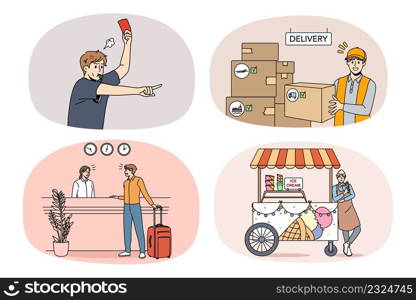Set of people occupations and professions. Collection of men and women jobs and careers. Employment concept. Referee, deliveryman, receptionist and seller. Vector illustration.. Set of people professions and occupations