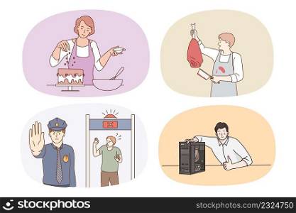 Set of people occupations and professions. Collection of men and women with different jobs and careers. Pastry chef, butcher, guard or policeman, engineer. Vector illustration.. Set of people occupations and professions