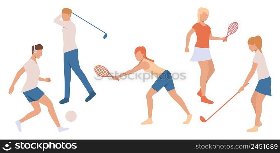 Set of people playing tennis and golf. Group of men and women involved in sports activities. Vector illustration can be used for presentation, hobby, leisure . Set of people playing tennis and golf