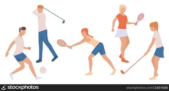 Set of people playing tennis and golf. Group of men and women involved in sports activities. Vector illustration can be used for presentation, hobby, leisure . Set of people playing tennis and golf
