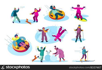 Set of people playing winter games. Group of children and parents spending time outdoors. Winter holidays concept. Vector illustration can be used for presentation, project, webpage