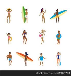 Set of people relaxing performing summer outdoor activities at beach. Set of people relaxing performing summer outdoor activities at beach - sunbathing, walking, carrying surfboard, talking, walking. Trend flat cartoon characters isolated on white background. Vector illustration
