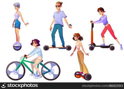 Set of people riding ecology transport bicycle, scooter, hoverboard and monowheel. Teenagers, city dwellers, men and women characters driving different eco transportation. Cartoon vector illustration. Set of people riding ecology transport, dwellers