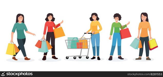 set of people shopping. People with shopping bags vector illustration