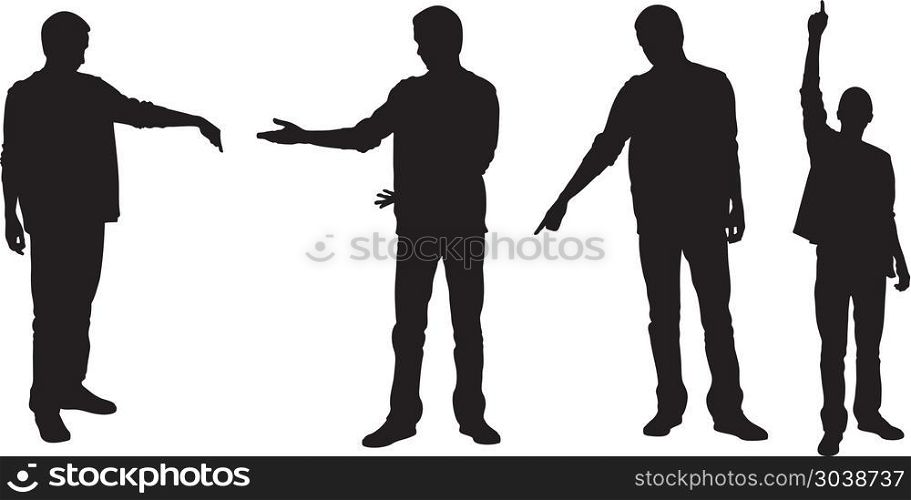Set of people silhouettes pointing with fingers isolated on white
