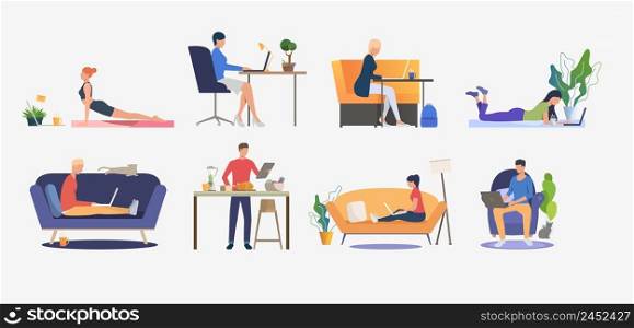 Set of people using computers and having rest. Men and women sitting on sofas, freelancing, cooking and practicing yoga. Vector illustration can be used for presentation slide, commercial, business. Set of people using computers and having rest