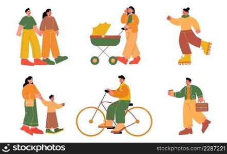 Set of people walk, outdoor summer activities. Isolated characters holding hands walking together, mother with baby in stroller and toddler, rollerblading, riding bicycle, Line art vector illustration. Set of people walk, outdoor summer activities
