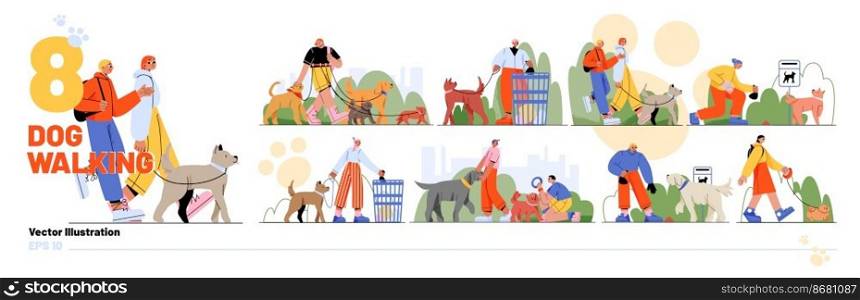 Set of people walking and cleaning up after dogs. Flat vector illustration of happy casual men and women training, playing, having fun with pet animals of different breeds. Active leisure, friendship. Set of people walking and cleaning up after dogs