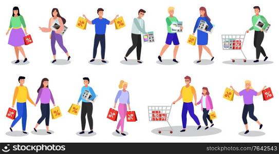 Set of people walking from shopping. Characters with bags and purchase returning from shop. Couple carrying bags with discount sign. Father and daughter with trolley and bought items. Vector in flat. Shopping People with Bags and Purchase on Sale