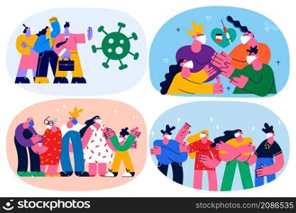 Set of people wearing facemask get vaccinated against corona virus. Diverse men and women in facial mask protect from covid-19. Vaccination and healthcare concept. Flat vector illustration.. Set of people in facemasks protect from covid