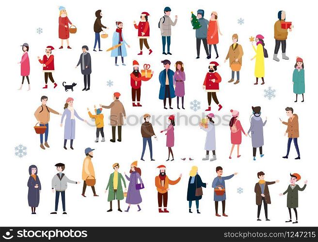 Set of people wearing top winter clothes isolated on white background. Set of people wearing top winter clothes isolated on white background. A large group of men and women, couples, walking in the winter, drinking drinks, talking, shopping and other outdoor activities. Flat cartoon characters. Vector illustration template, greeting card, illustration, vector, banner